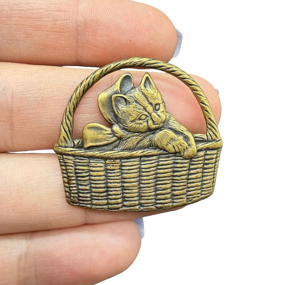 Vintage Jewelry Cat in the Basket Brooch Cat Pin